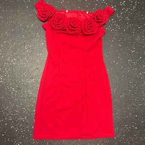 Red Off-Shoulder Rose Appliqué Bodycon Dress